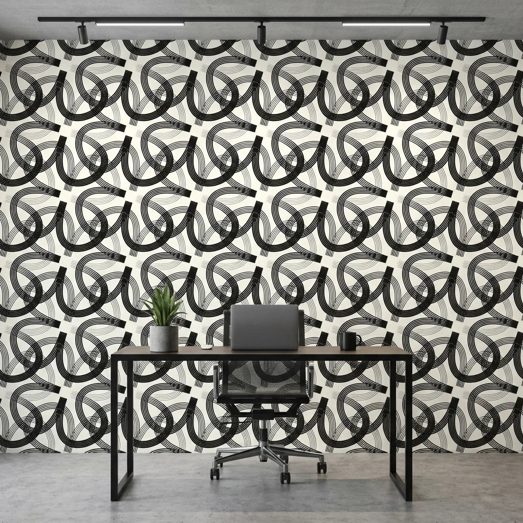 Echo Bound Black white abstract curved line wallpaper as a feature wall in a bright home office