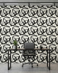Echo Bound Black white abstract curved line wallpaper as a feature wall in a bright home office