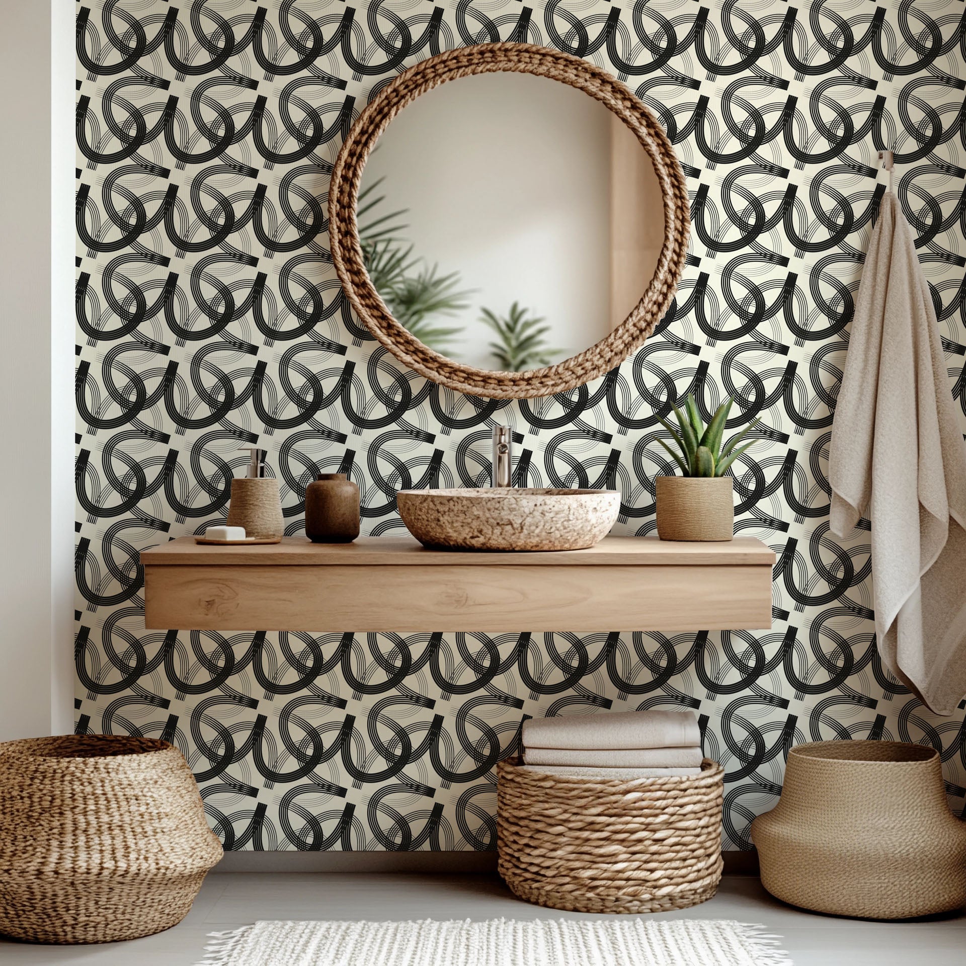 Abstract curved line geometric wallpaper in black and cream, titled Echo Bound