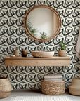 Abstract curved line geometric wallpaper in black and cream, titled Echo Bound