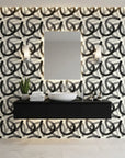 Echo Bound Black white abstract curved line wallpaper creating ambiance in a serene bathroom