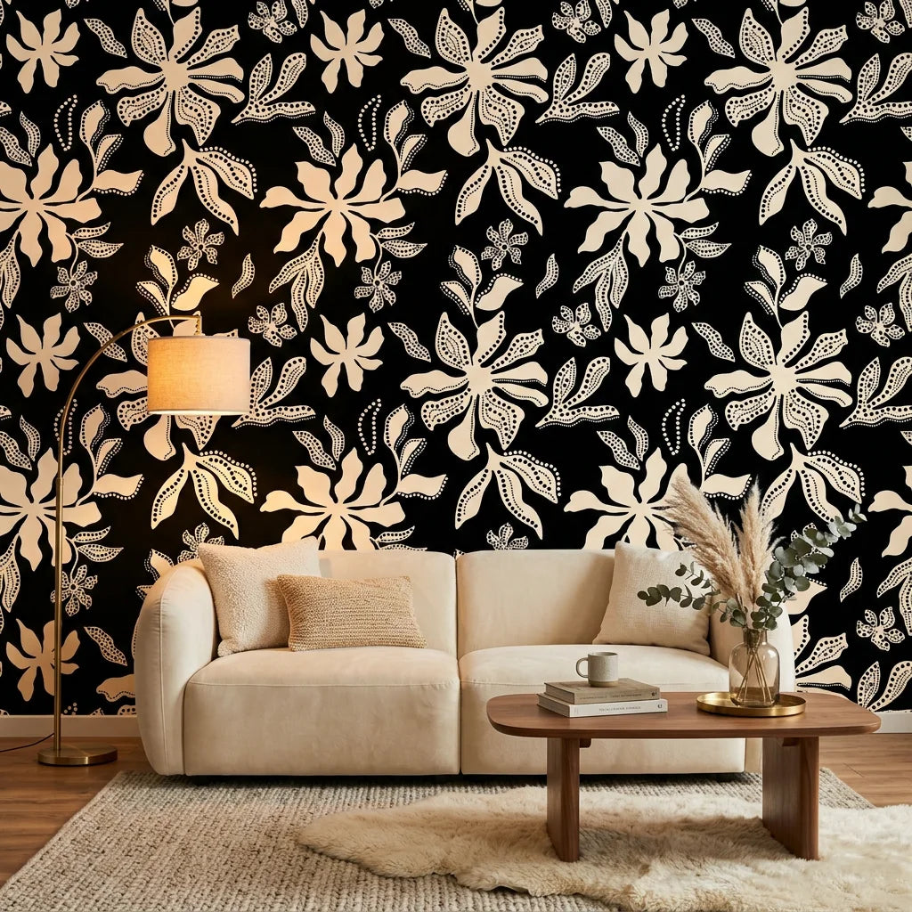 Echo Garden symmetrical floral wallpaper in a warm and inviting living room