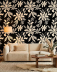 Echo Garden symmetrical floral wallpaper in a warm and inviting living room