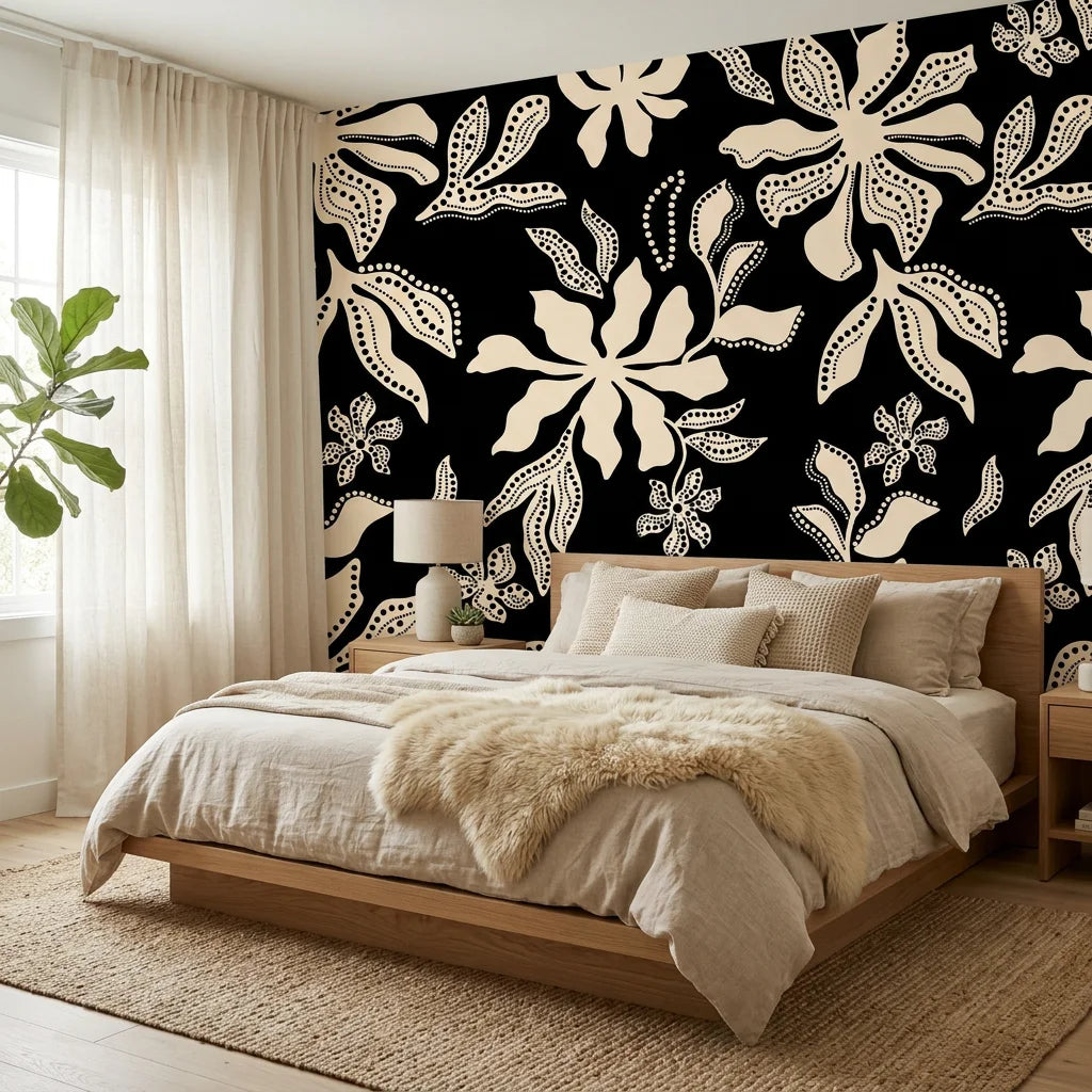Echo Garden symmetrical floral wallpaper adding character to a cozy bedroom
