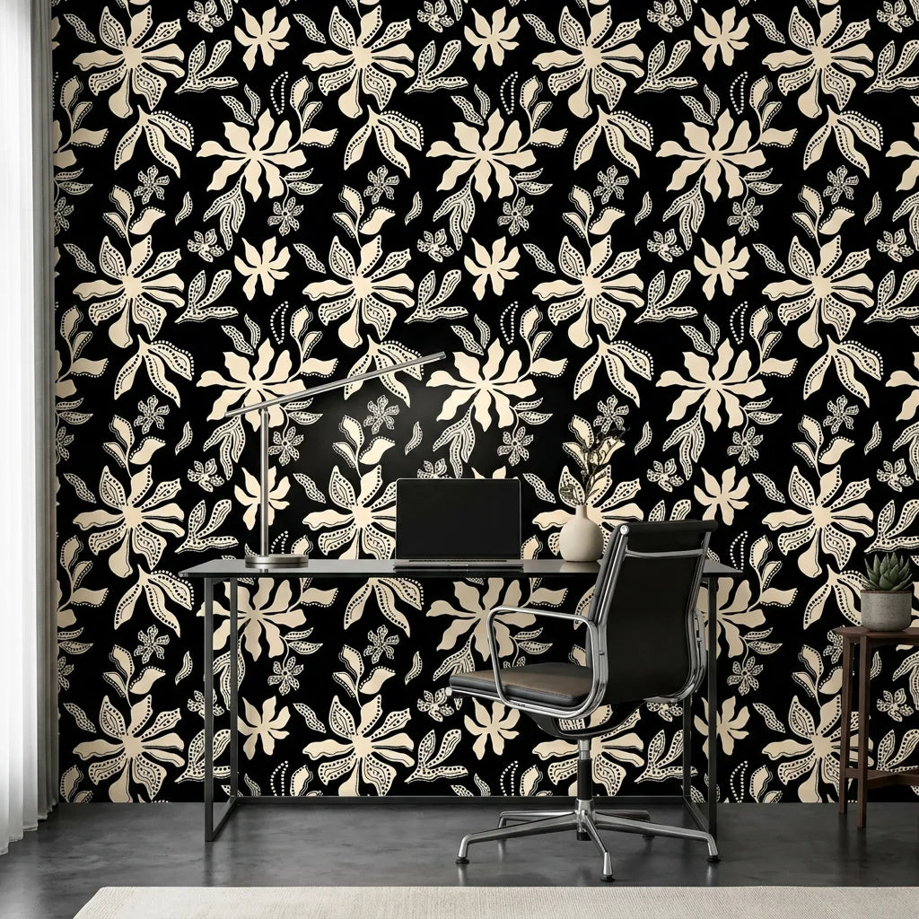 Echo Garden symmetrical floral wallpaper as a feature wall in a bright home office