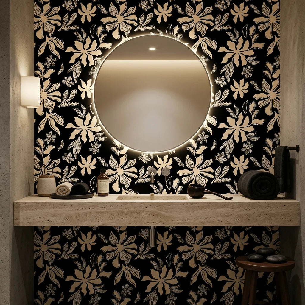 Echo Garden symmetrical floral wallpaper creating ambiance in a serene bathroom