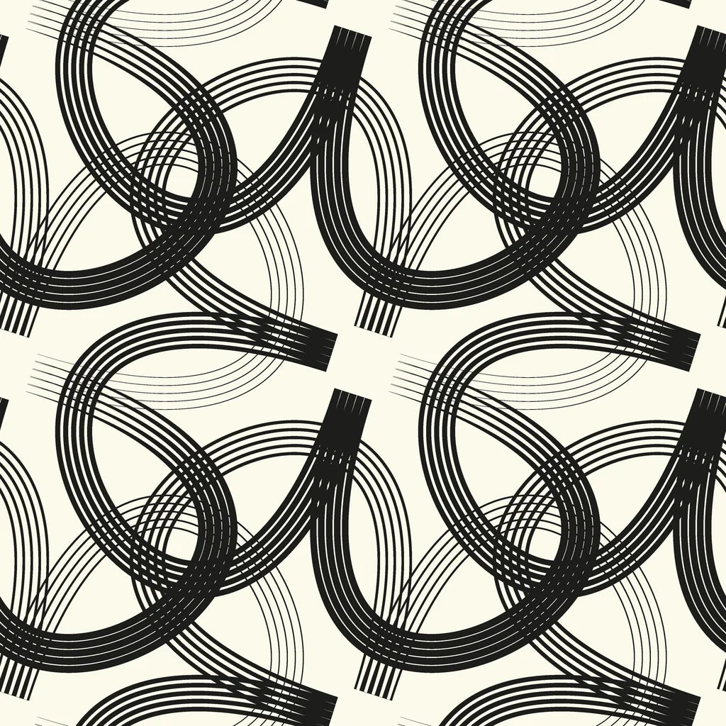 A geometric wall covering featuring abstract, curved lines in black and cream—Echo Bound style.
