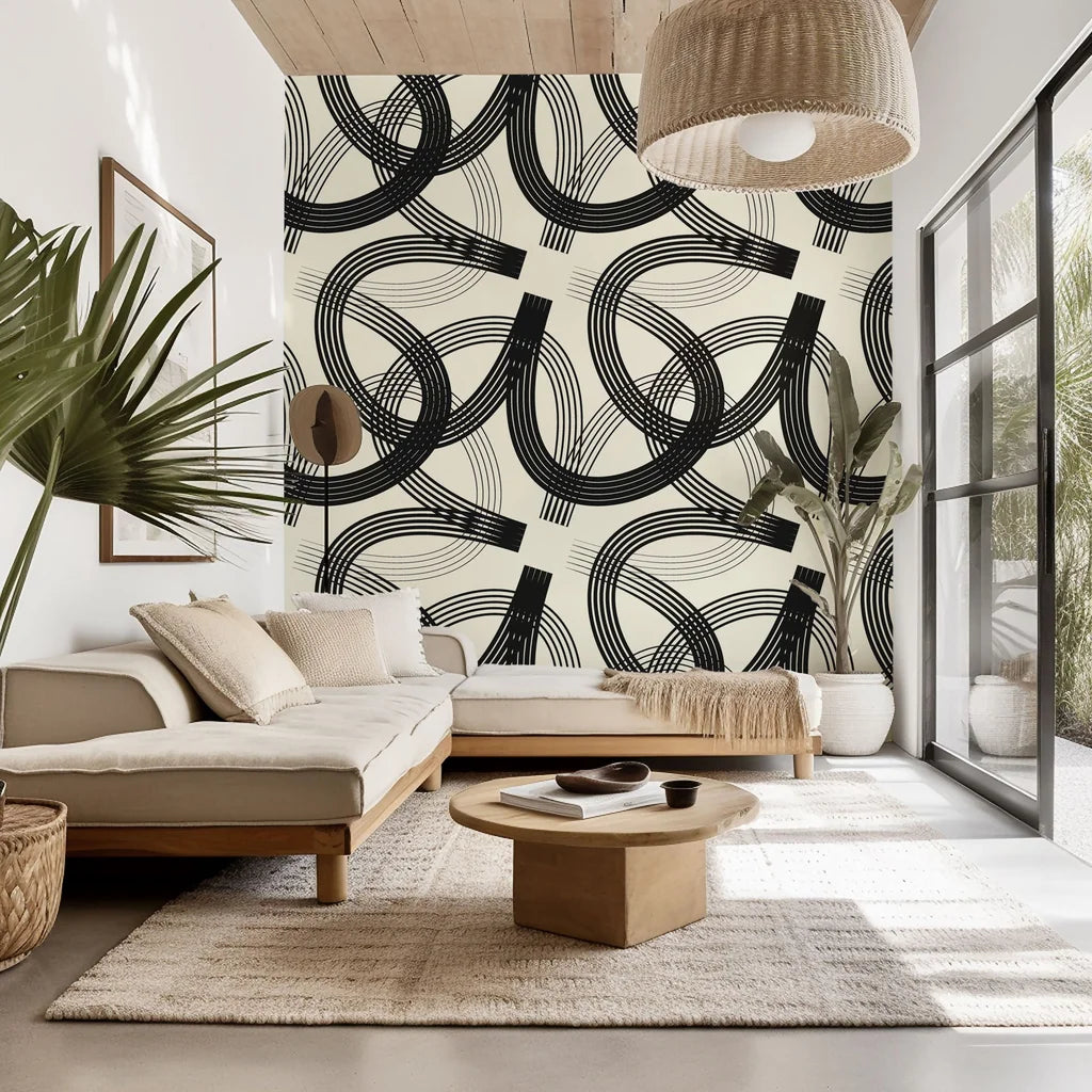 Abstract black and cream geometric wallpaper with curved lines - Echo Bound