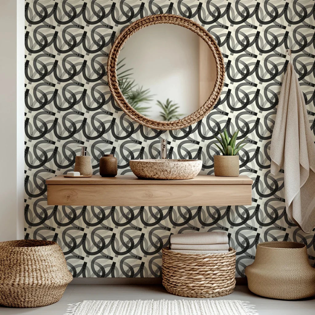 Abstract curved line geometric wallpaper in black and cream, titled Echo Bound
