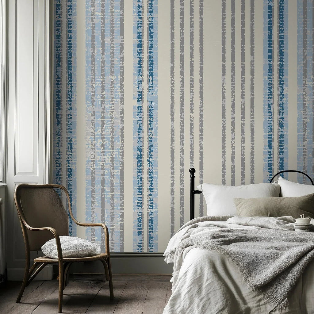 Textured blue grey distressed vertical stripe peel and stick wallpaper - Ecliptic Flow