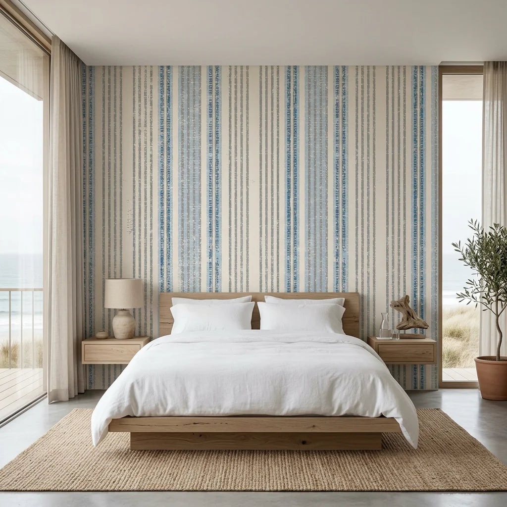 Ecliptic Flow blue grey distressed stripe wallpaper adding character to a cozy bedroom