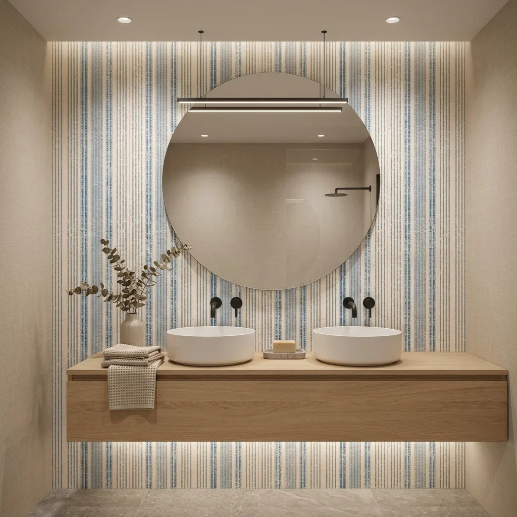Ecliptic Flow blue grey distressed stripe wallpaper creating ambiance in a serene bathroom