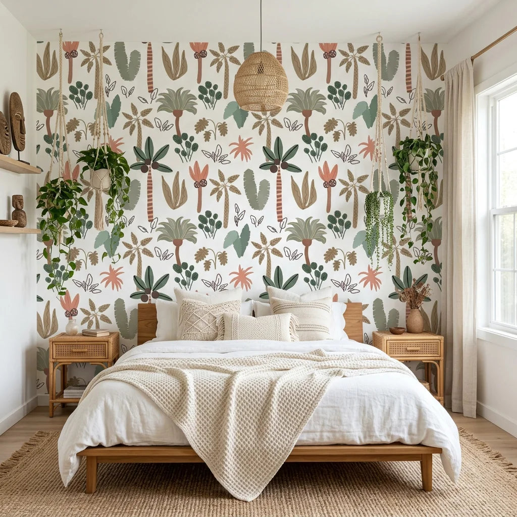 Eden Bloom paradise flower wallpaper adding character to a cozy bedroom