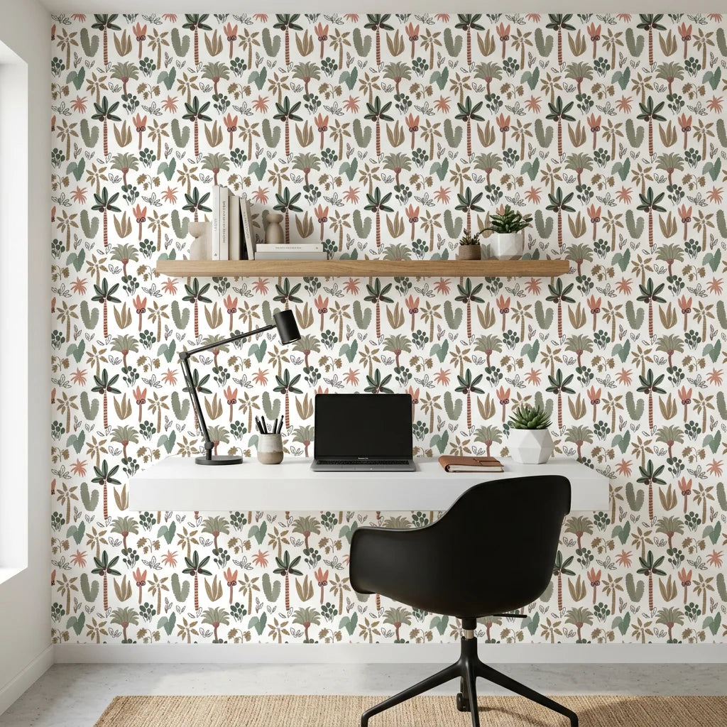 Eden Bloom paradise flower wallpaper as a feature wall in a bright home office