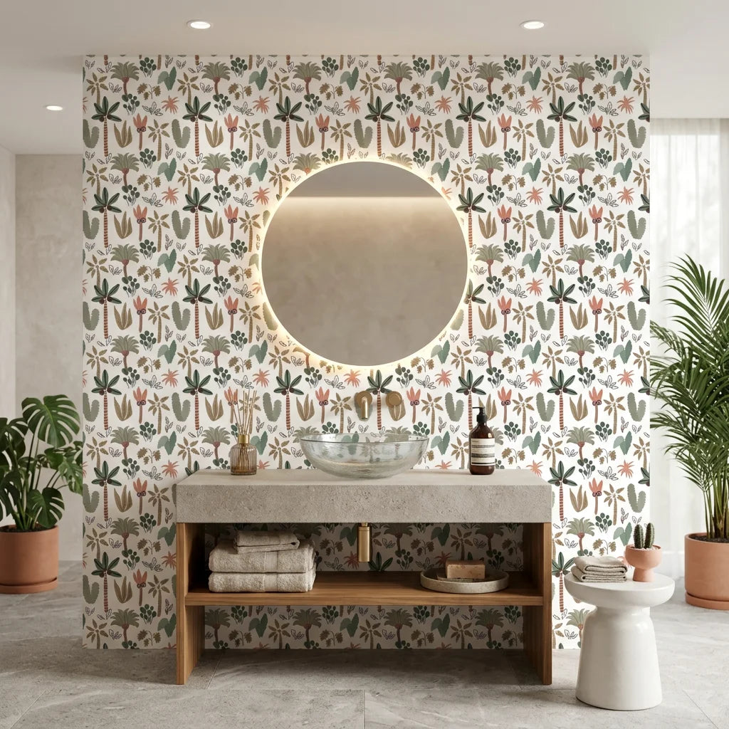 Eden Bloom paradise flower wallpaper creating ambiance in a serene bathroom