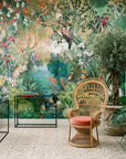Tropical Eden Revealed wallpaper with exotic birds, lush palms, and flowering vines in sunlit conservatory setting