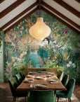 Eden Revealed tropical jungle wallpaper on dining room accent wall with exotic flora and wildlife