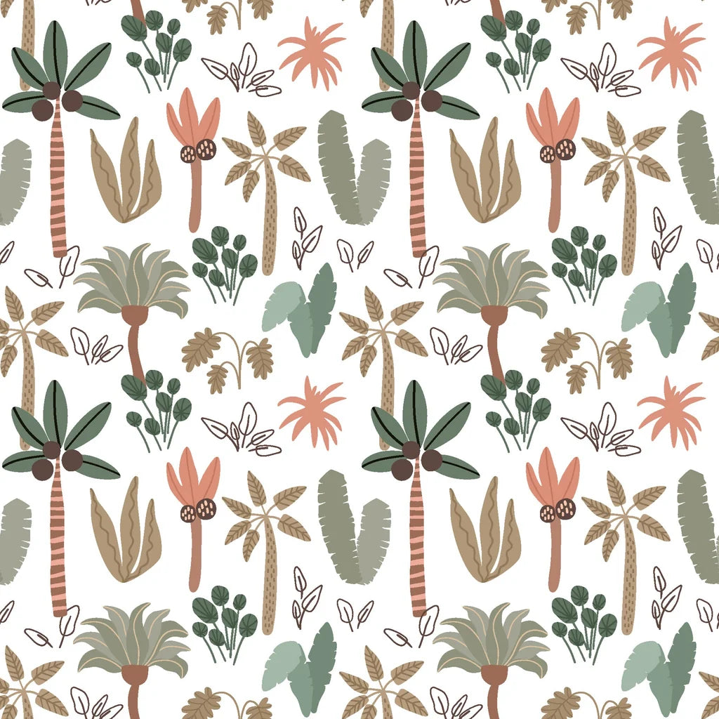 Soft green and pink palm leaf wallpaper in a bohemian nursery style with peel-and-stick backing