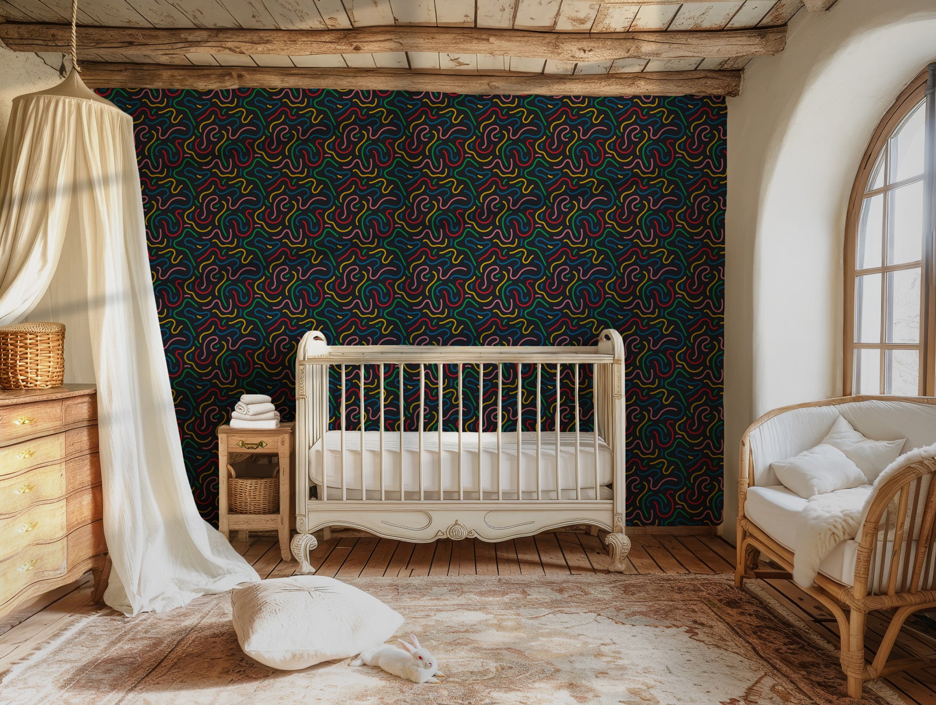 Wall covering featuring a high-voltage circuit-like maze