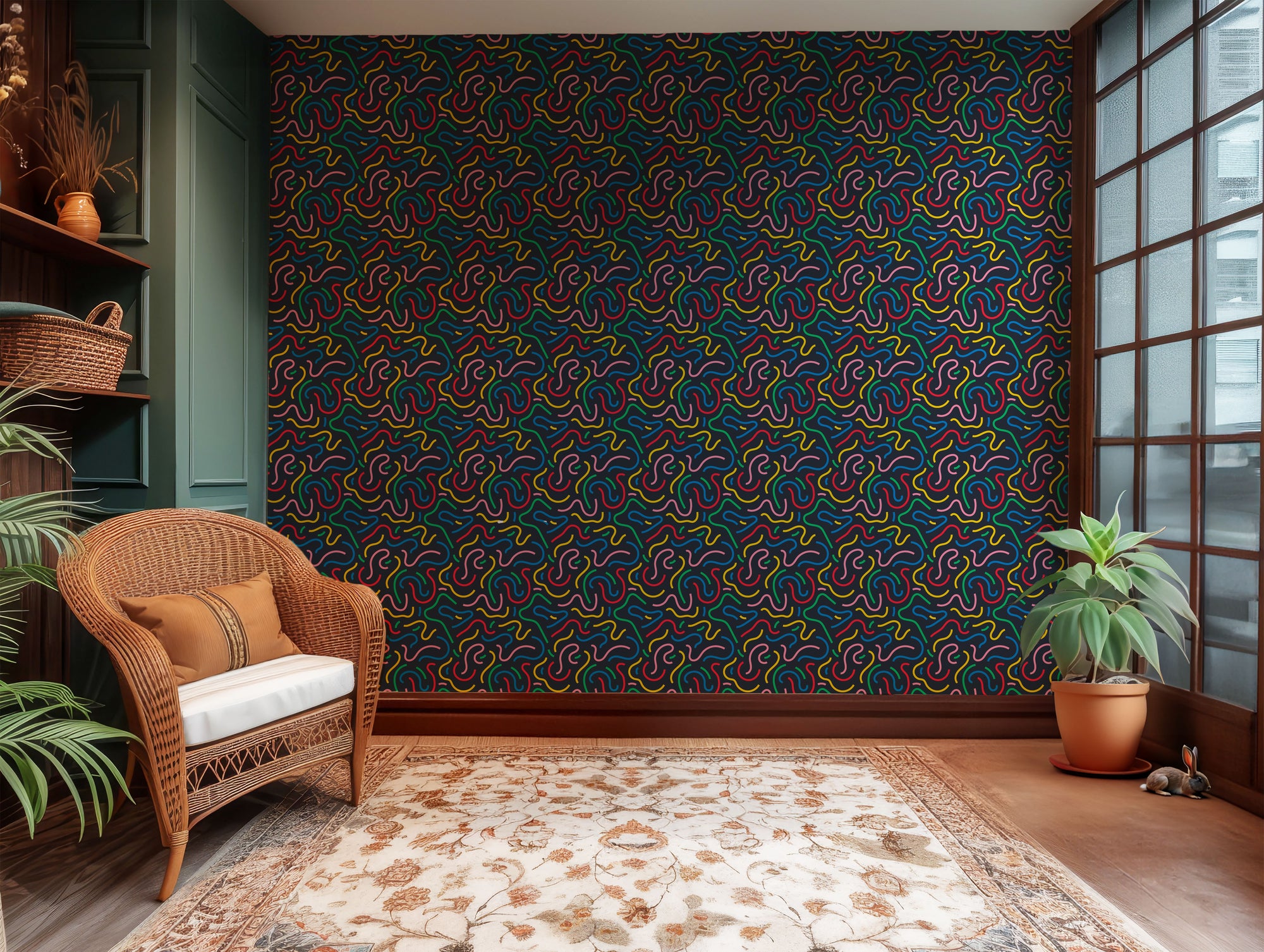 Luminescent wall covering featuring an intricate labyrinth design
