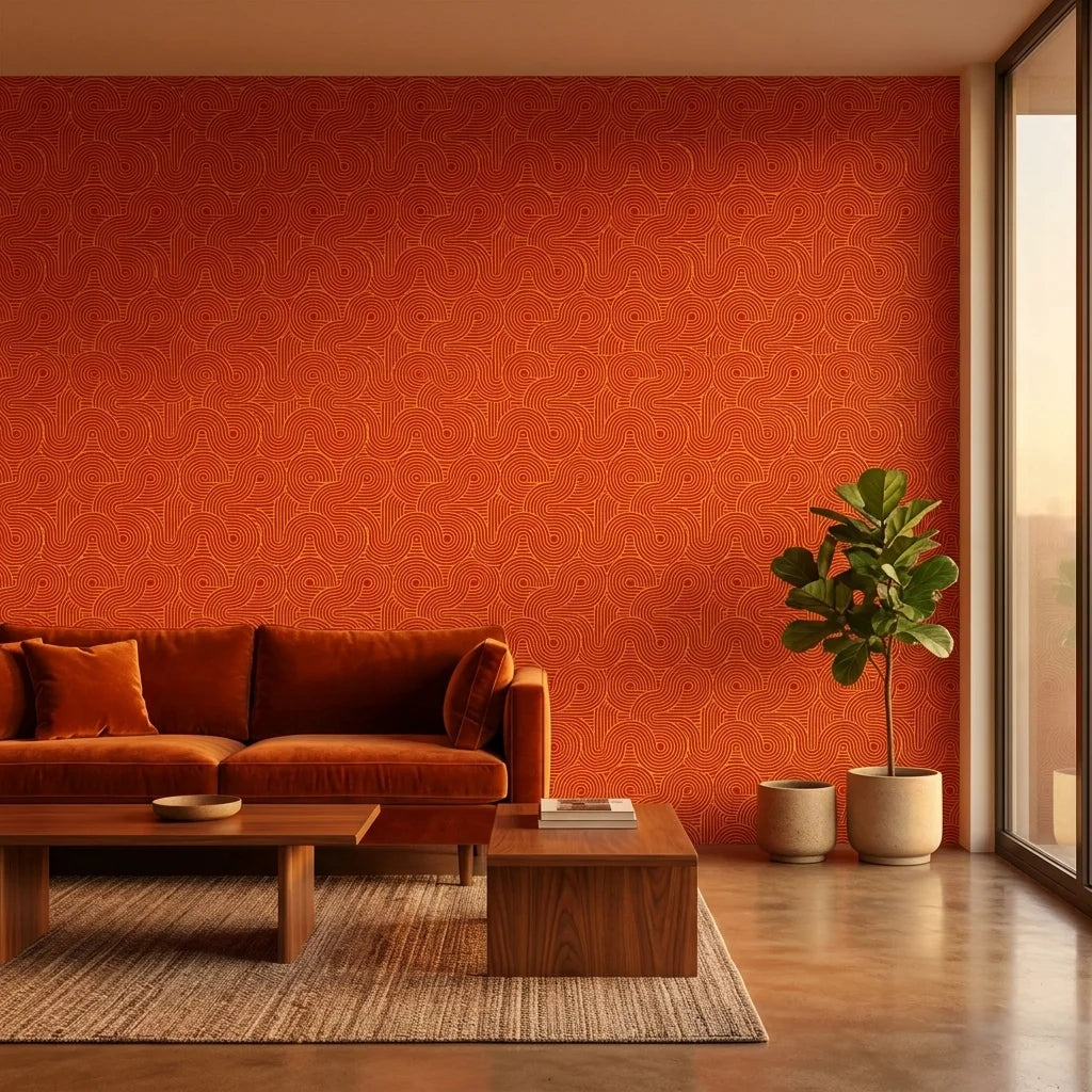 Electric Saffron vibrant red and yellow retro stripe wallpaper creating ambiance in a serene bathroom