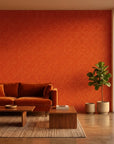 Electric Saffron vibrant red and yellow retro stripe wallpaper creating ambiance in a serene bathroom