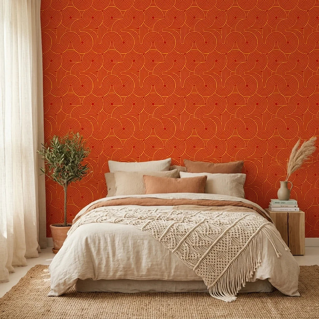 Electric Saffron vibrant red and yellow retro stripe wallpaper in a warm and inviting living room