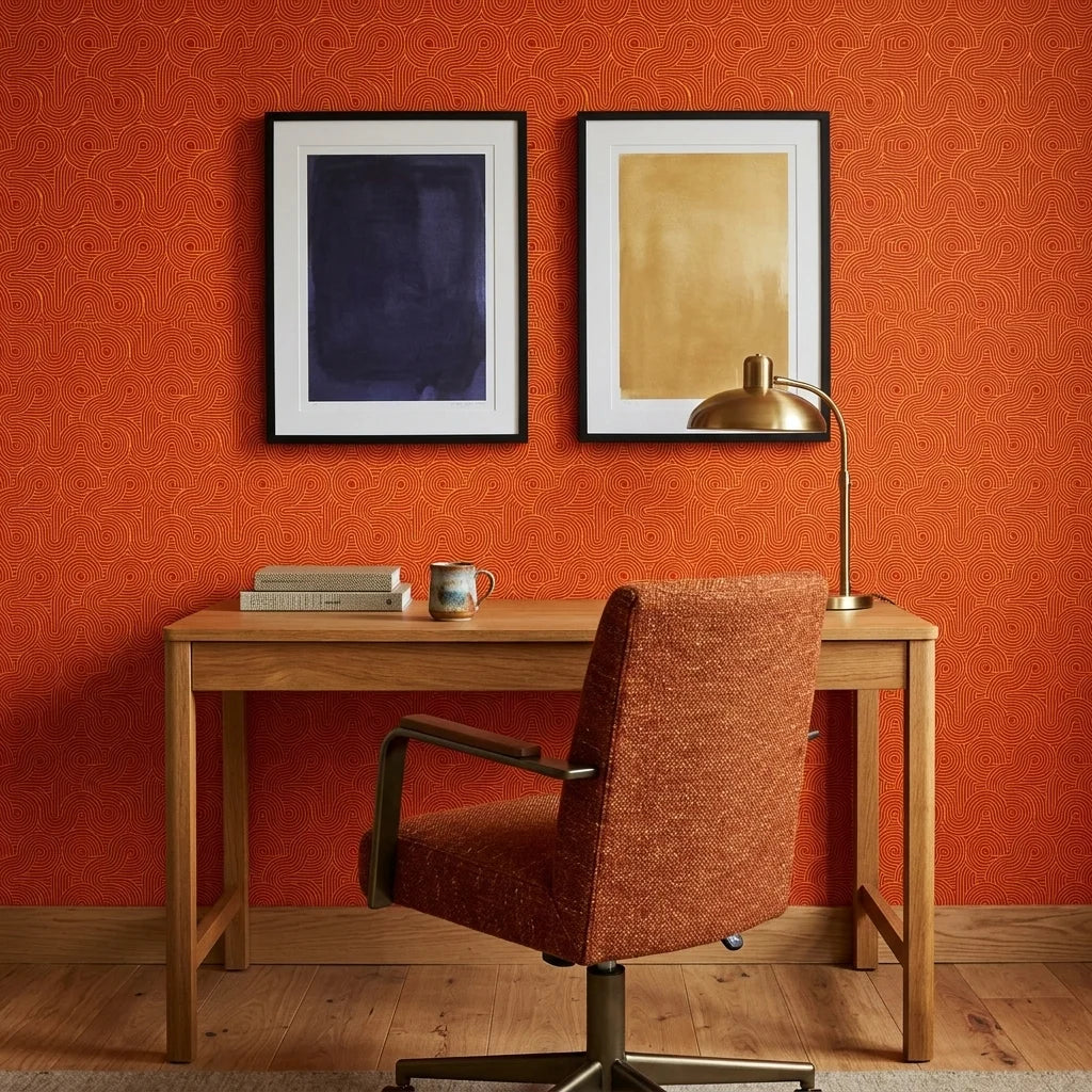 Electric Saffron vibrant red and yellow retro stripe wallpaper adding character to a cozy bedroom