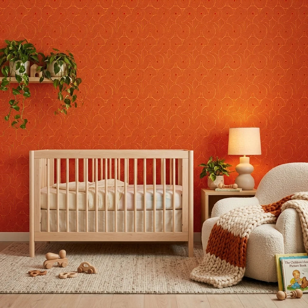Electric Saffron vibrant red and yellow retro stripe wallpaper as a feature wall in a bright home office