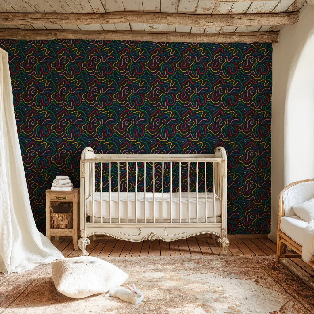 Removable wallpaper with a deep indigo matte finish and multi-colored neon squiggle designs - Electric Maze