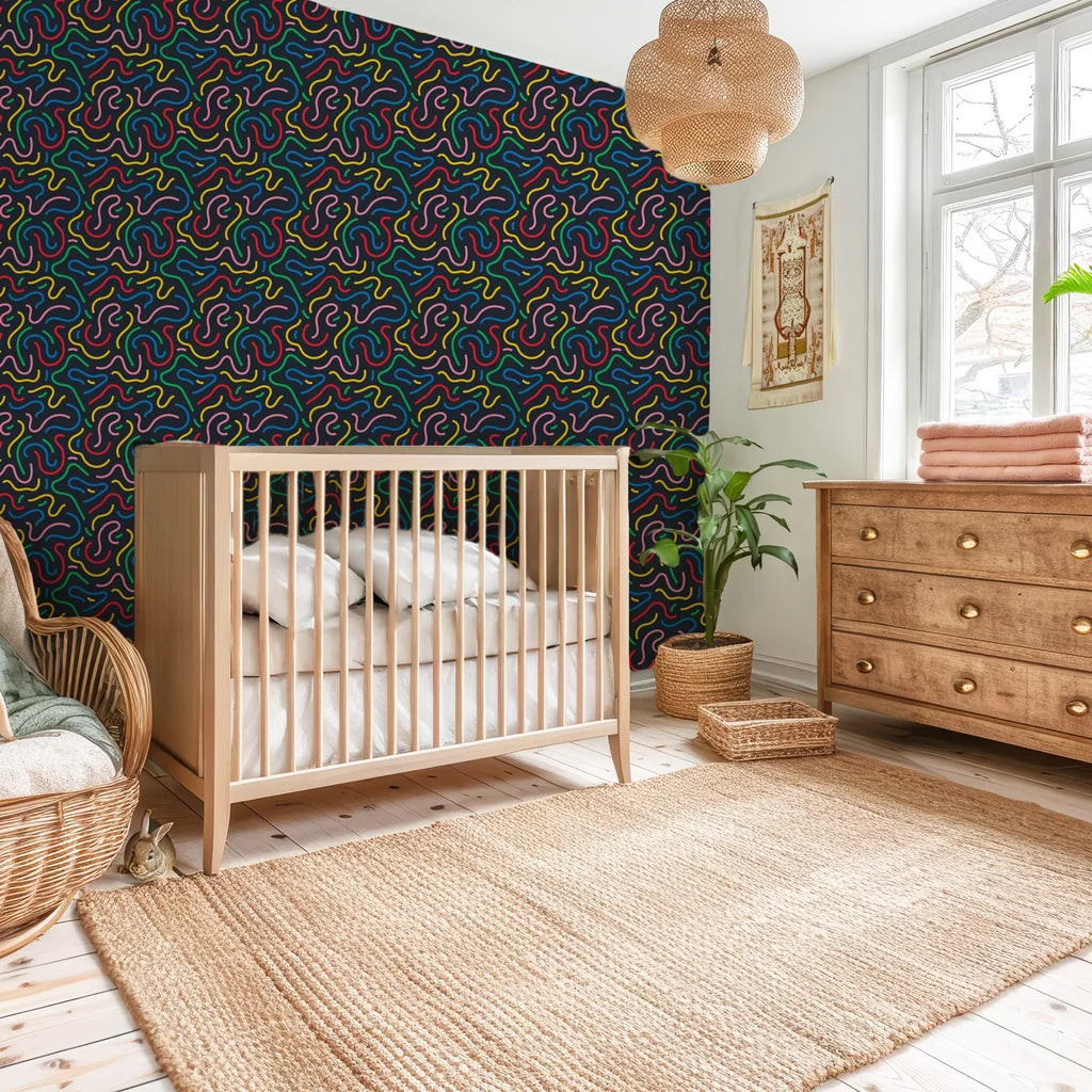 Abstract colorful neon swirls on a non-reflective dark blue background peel and stick film - Electric Maze