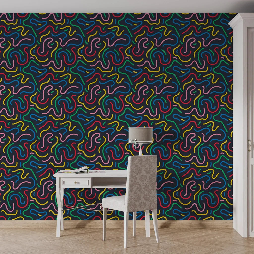 Flat navy blue self-adhesive wall covering featuring vibrant fluorescent wavy patterns - Electric Maze