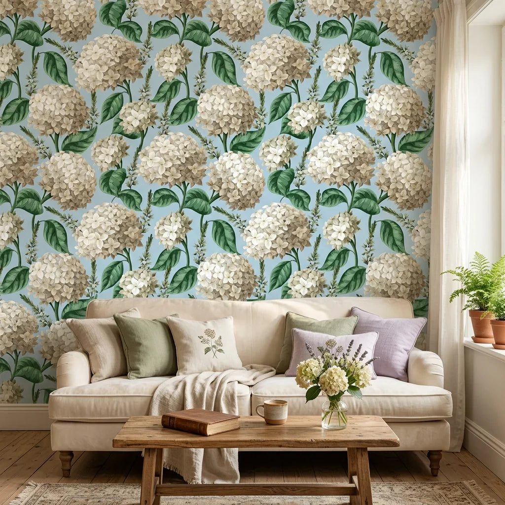 Elegant White Hydrangea soft blue botanical floral wallpaper in a warm and inviting living room