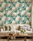 Elegant White Hydrangea soft blue botanical floral wallpaper in a warm and inviting living room