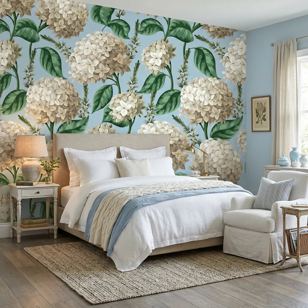 Elegant White Hydrangea soft blue botanical floral wallpaper adding character to a cozy bedroom