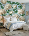 Elegant White Hydrangea soft blue botanical floral wallpaper adding character to a cozy bedroom