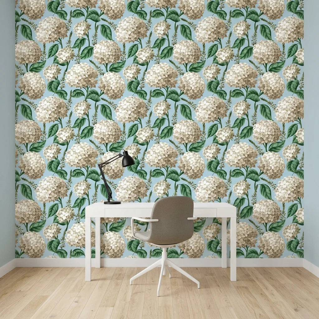 Elegant White Hydrangea soft blue botanical floral wallpaper as a feature wall in a bright home office