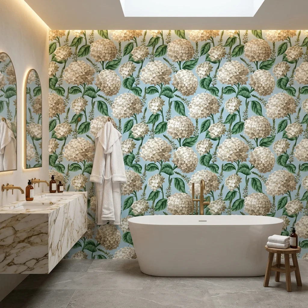 Elegant White Hydrangea soft blue botanical floral wallpaper creating ambiance in a serene bathroom