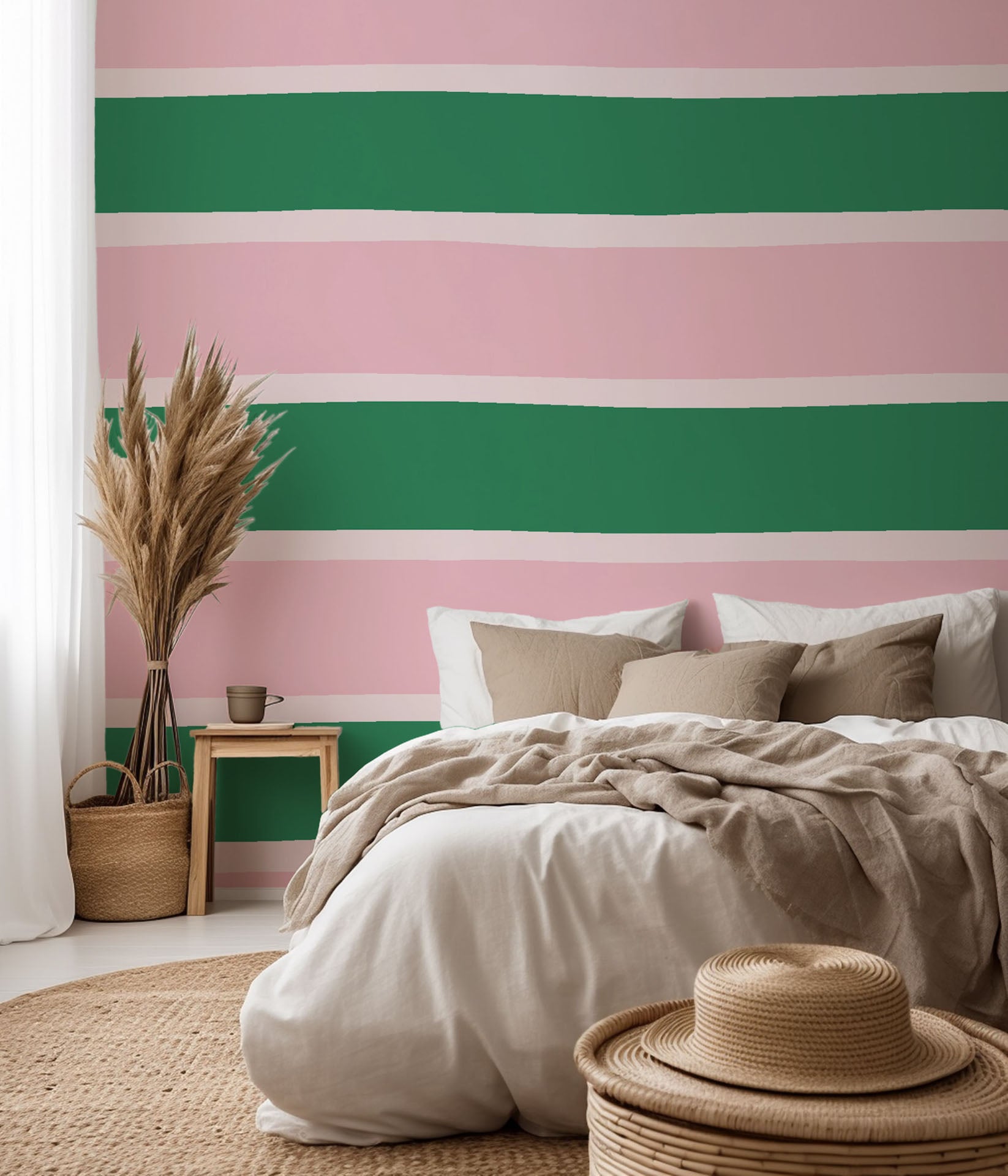 Self-adhesive wall covering featuring broad pink and green lateral stripes - Ember Blush