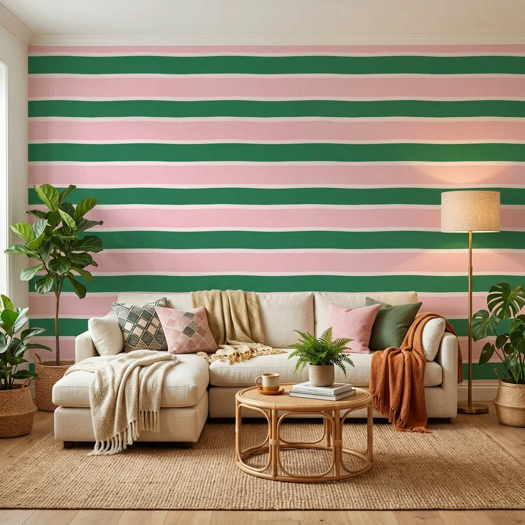 Ember Blush pink and green horizontal stripe wallpaper in a warm and inviting living room