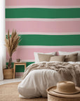 Self-adhesive wall covering featuring broad pink and green lateral stripes - Ember Blush