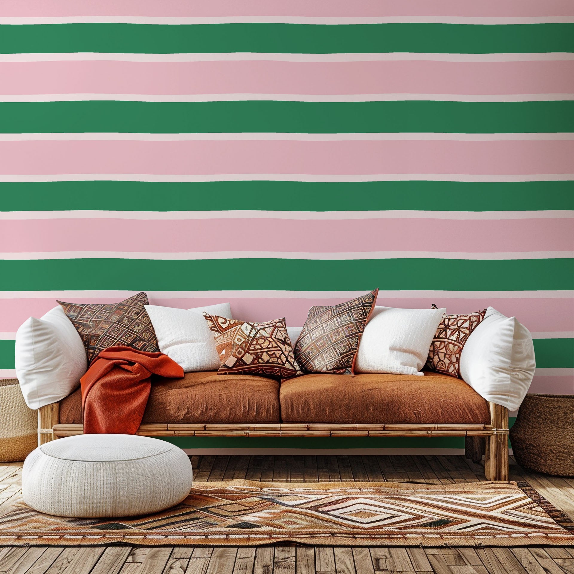 Self-adhesive wall covering featuring broad horizontal stripes of rose pink and light green (Ember Blush)