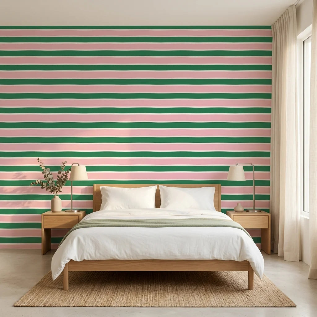 Ember Blush pink and green horizontal stripe wallpaper adding character to a cozy bedroom