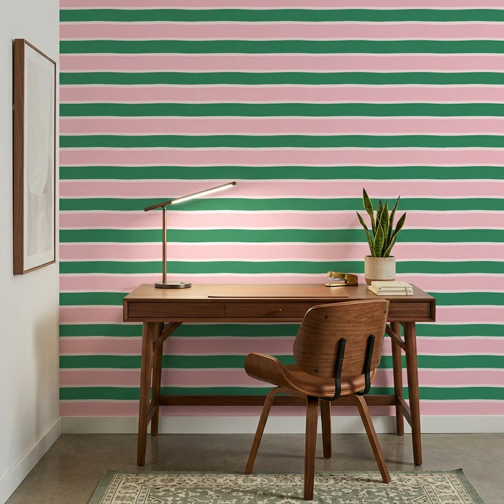 Ember Blush pink and green horizontal stripe wallpaper as a feature wall in a bright home office
