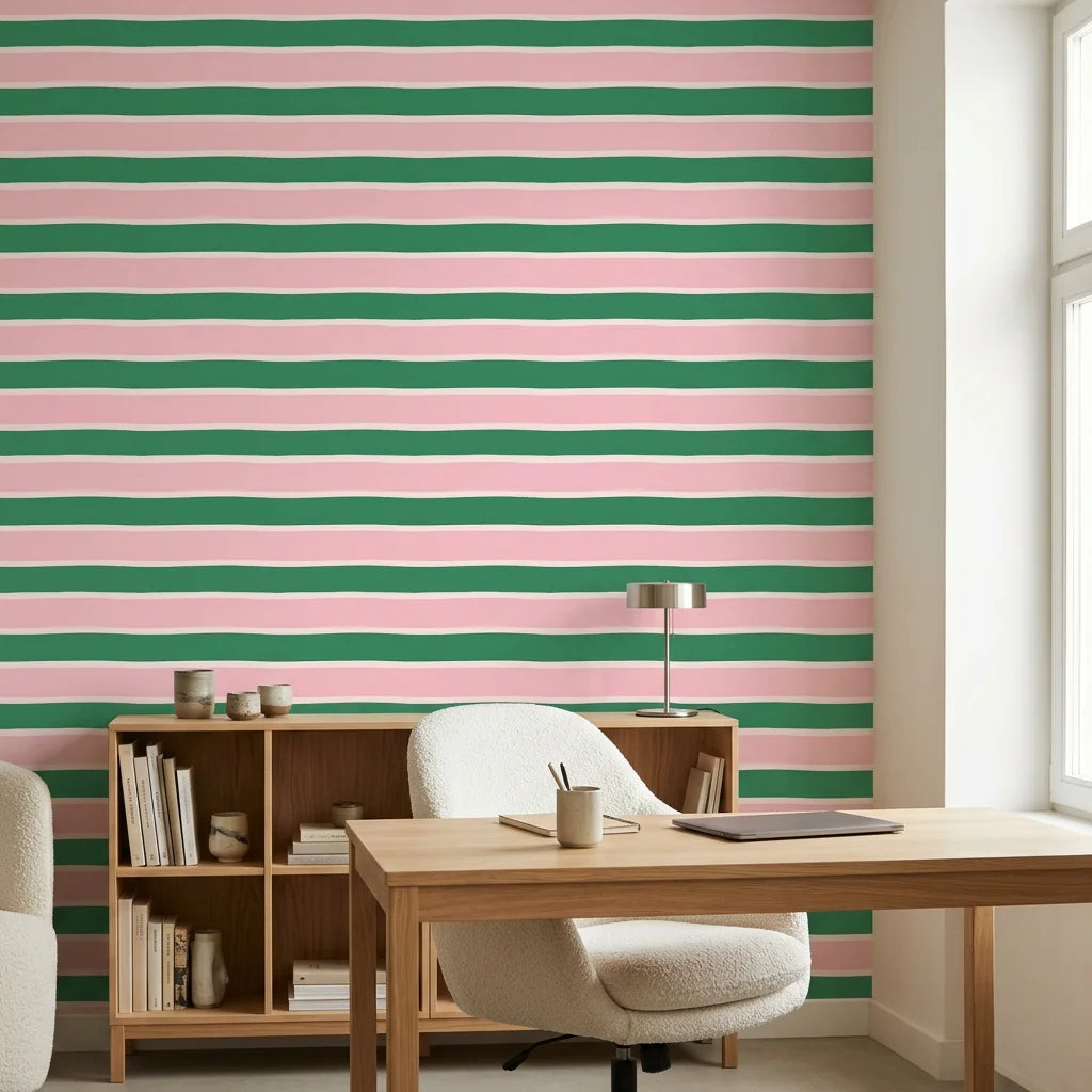 Ember Blush pink and green horizontal stripe wallpaper creating ambiance in a serene bathroom