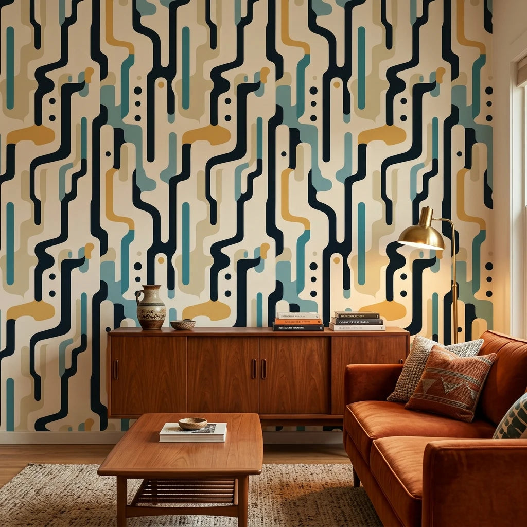 Ember Current bold mid century abstract wallpaper in a warm and inviting living room