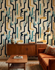 Ember Current bold mid century abstract wallpaper in a warm and inviting living room