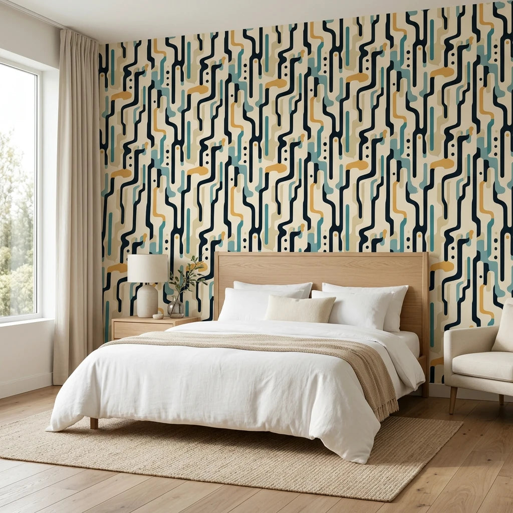 Ember Current bold mid century abstract wallpaper adding character to a cozy bedroom