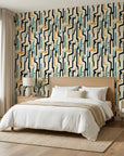 Ember Current bold mid century abstract wallpaper adding character to a cozy bedroom