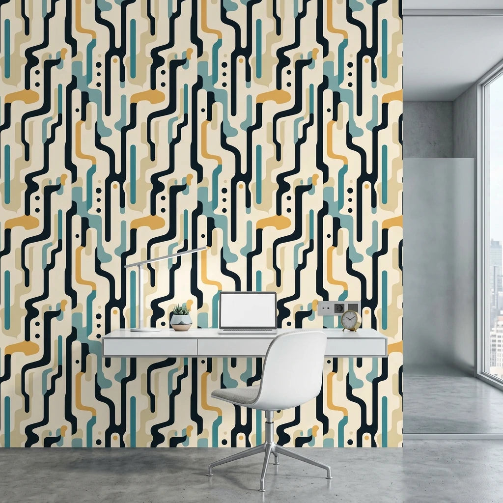 Ember Current bold mid century abstract wallpaper as a feature wall in a bright home office